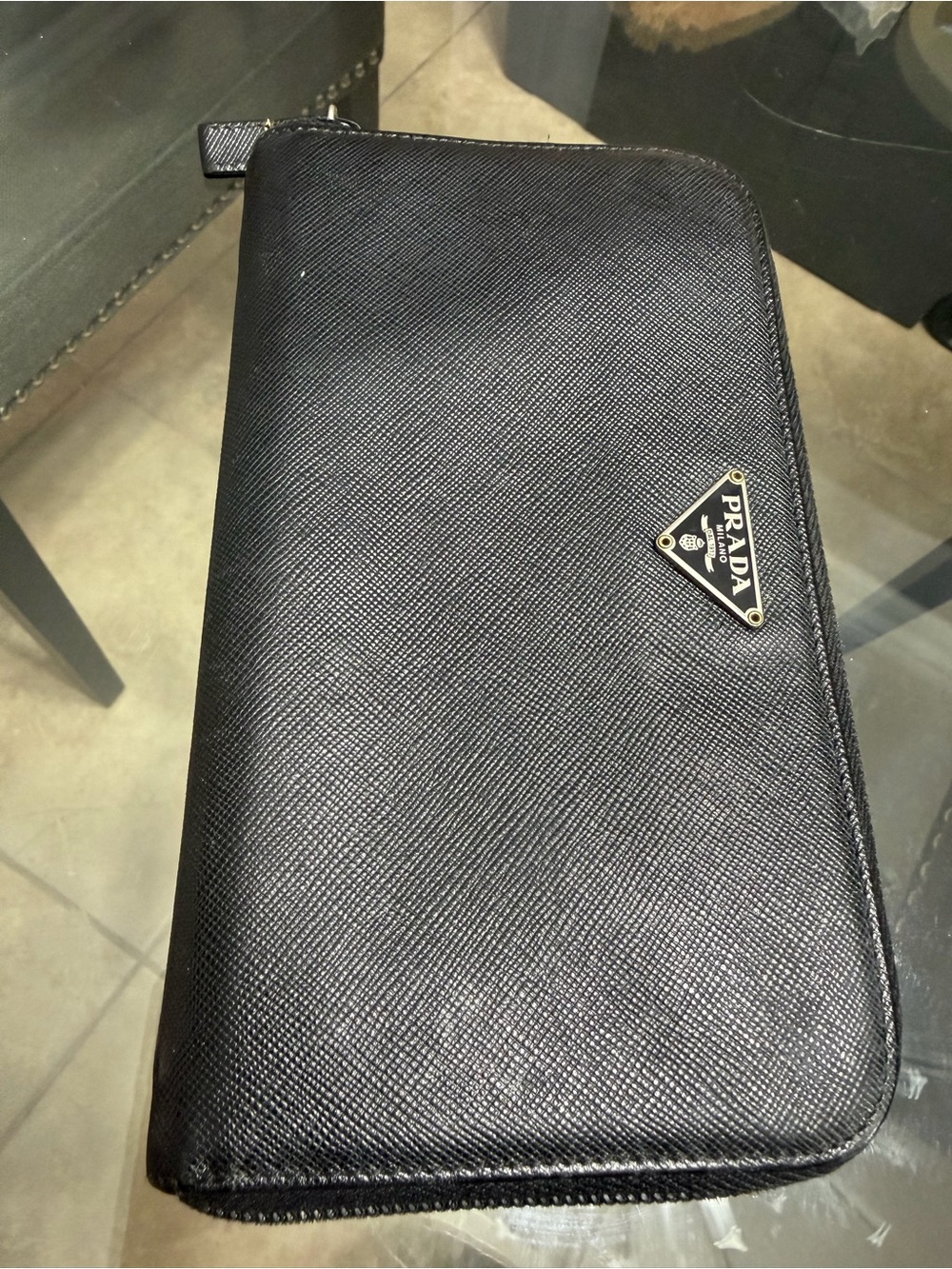 Prada Black Saffiano Zip-Around Wallet with Logo Plaque